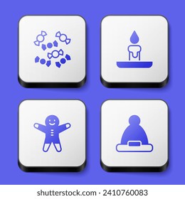 Set Candy, Burning candle, Holiday gingerbread man cookie and Christmas Santa Claus hat icon. White square button. Vector