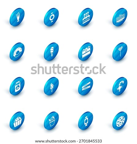 Set Candy, Cake with burning candles, Stack of pancakes, Donut, Cherry jam jar, Ice cream, Lollipop and  icon. Vector