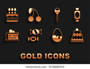 Set Candy, Cake, Chocolate egg, Piece of cake, Lollipop, with burning candles and Cherry icon. Vector