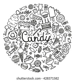 Set of candy, cakes, sweets, ice cream and desserts in doodle style. Hand drawn delicious candy collection. Design template. Vector illustrations.