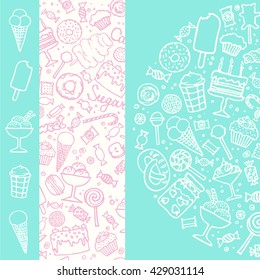 Set of candy, cakes, sweets, ice cream and desserts in doodle style. Hand drawn delicious candy collection. Design template. Vector illustrations.