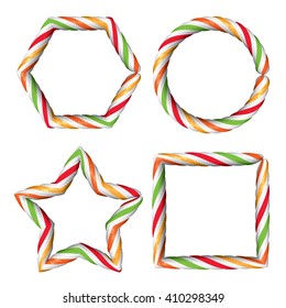 Set with Candy Cane Borders on White. Elements for Christmas Holidays Design. Low Poly Vector Illustration.