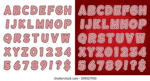 A set of candy cane Christmas holiday alphabet letters and numbers. Vector EPS 10 available. Letters set on a white background and red background.