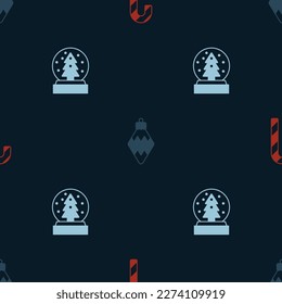 Set Candy cane with stripes, Christmas toy and snow globe on seamless pattern. Vector