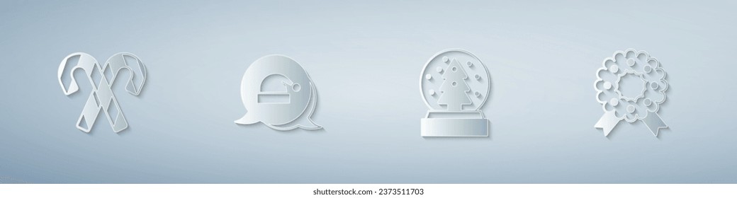 Set Candy cane with stripes, Christmas Santa Claus hat, snow globe and wreath. Paper art style. Vector