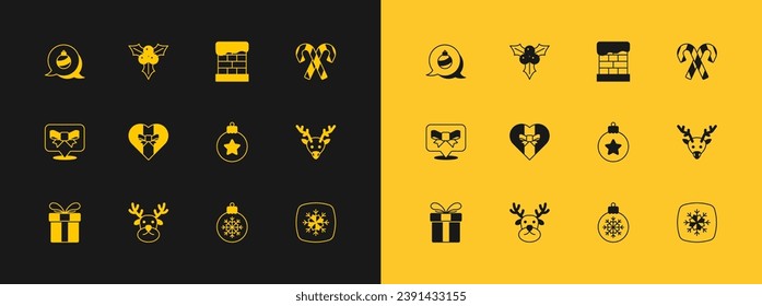 Ponga la caña de Candy con rayas, reno, bola de Navidad, caja de regalo, chimenea y icono de Branch viburnum. Vector