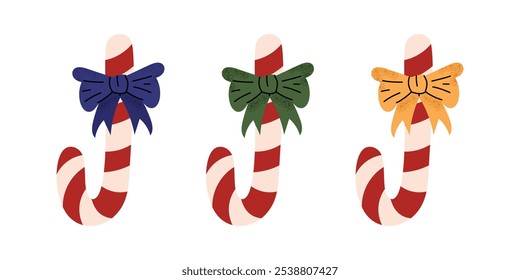 Set of candy canes with bows. Christmas striped sticks, a sweet Christmas dessert. Winter red and white caramel snack. Flat vector illustration isolated on white background