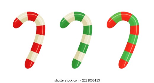 Set of candy canes. Candy cane with red and green stripes. Vector illustration isolated on white background.