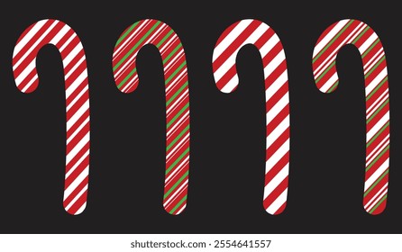 Set of candy canes isolated on black background. Simple Vector Illustration of Christmas Candy eps.