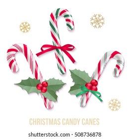 Set of candy canes with snowflakes. Vector isolated holiday elements for your design on white background.