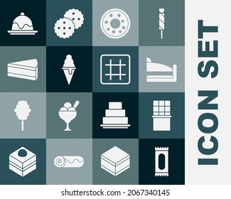 Set Candy, Chocolate bar, Piece of cake, Donut, Ice cream in waffle cone, Cake and Waffle icon. Vector