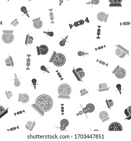 Set Candy, Christmas snowman, Marzipan sponge cake and Christmas snow globe on seamless pattern. Vector