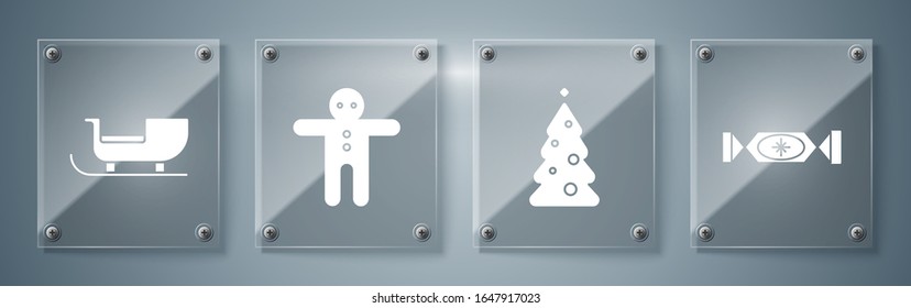 Set Candy, Christmas tree with decorations, Holiday gingerbread man cookie and Christmas santa claus sleigh. Square glass panels. Vector