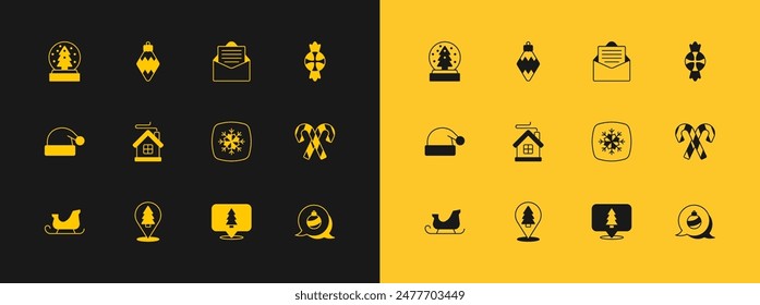 Conjunto de caramelo, árbol de Navidad, copo de nieve, casa de merry, sobre, globo de nieve e icono de juguete. Vector