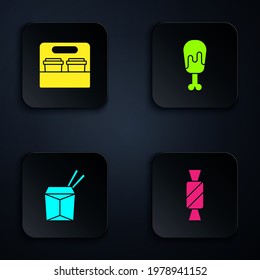 Set Candy, Coffee cup to go, Asian noodles chopsticks and Chicken leg. Black square button. Vector