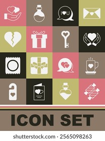 Set Candy, Coffee cup heart, Heart in hand, Speech bubble text I love you, Gift box, Broken or divorce,  and Key shape icon. Vector