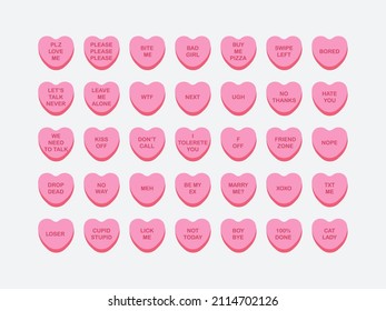 Set of candy conversation hearts. Anti-valentine day sarcastic theme. Vector pink sweets on isolated background. Funny sarcastic quotes. For the design of postcards, clothes, web.