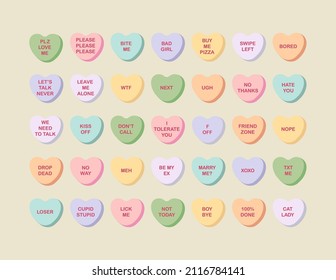 Set of candy conversation hearts. Anti-valentine day sarcastic theme. Vector colored sweets on isolated background. Funny sarcastic quotes. For the design of postcards, clothes, web.
