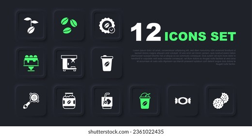 Set Candy, Cookie or biscuit, Coffee machine, Iced coffee, Cake, jar bottle, beans and Espresso tonic icon. Vector