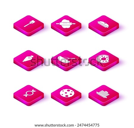 Set Candy, Cookie or biscuit, Pastry bag, Kitchen whisk bowl, Stack of pancakes, Donut, Homemade pie and Rolling pin dough icon. Vector
