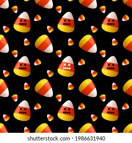 Set of candy corn with emotions on a black background. Halloween seamless pattern for t-shirts or packaging 