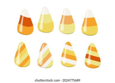 Set of Candy Corn for Halloween. Sweets for children in yellow, white and orange colors. White isolated vector stock illustration EPS 10.