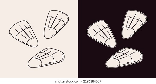 Set of candy corns in vintage style. Traditional halloween sweets isolated on a dark and white background. Monochrome vector illustration.