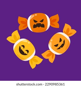 Set of candy in different wrappers in halloween style. Trick or Treat, Halloween holiday. Cartoon vector illustration. Pumpkin face on Candy.