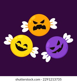 Conjunto de dulces en diferentes envolturas al estilo de Halloween. Dulces o trucos, feriado de Halloween. Ilustración vectorial de dibujos animados. Cara de calabaza en Candy.