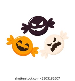 Set of candy in different wrappers in halloween style. Trick or Treat, Halloween holiday. Cartoon vector illustration. Pumpkin face on Candy.