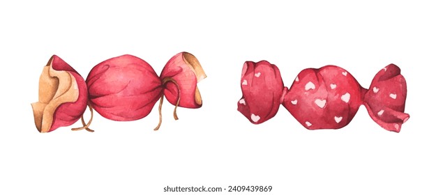 Set of Candy in different wrappers. Sugar product in various colors and patterns packing painted in watercolor. Toffee packet. Valentine's Day, children's holidays, gifts.