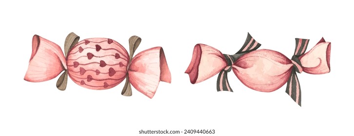 Set of Candy in different wrappers. Sugar product in various colors and patterns packing painted in watercolor. Toffee packet. Valentine's Day, children's holidays, gifts.
