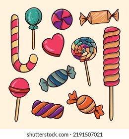 set of candy doodle hand drawn illustration