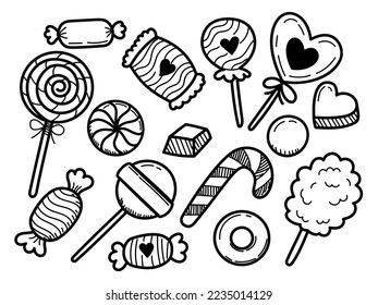 Set of candy doodle illustration with cute design isolated on white background