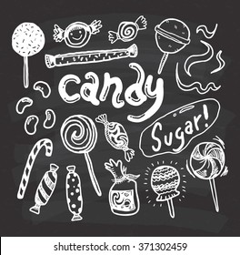 set of candy doodle on chalkboard background