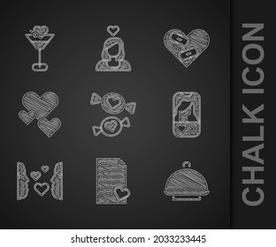 Set Candy, Envelope with Valentine heart, Covered tray, Dating app online, Love first sight, Heart, Healed broken and Martini glass icon. Vector