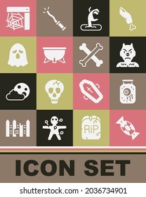 Set Candy, Eye in jar, Krampus, heck, Zombie hand, Halloween witch cauldron, Ghost, Spider web and Crossed bones icon. Vector