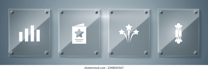 Set Candy, Firework, Greeting card and Music equalizer. Square glass panels. Vector