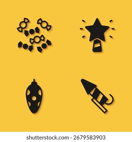 Conjunto de caramelo, cohete de fuegos artificiales, juguete de Navidades e icono de estrella con sombra larga. Vector