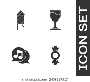 Set Candy, Firework rocket, Musical note in speech bubble and Wine glass icon. Vector