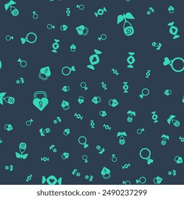 Set Candy, Flower rose, Castle in the shape of heart and Wedding rings on seamless pattern. Vector