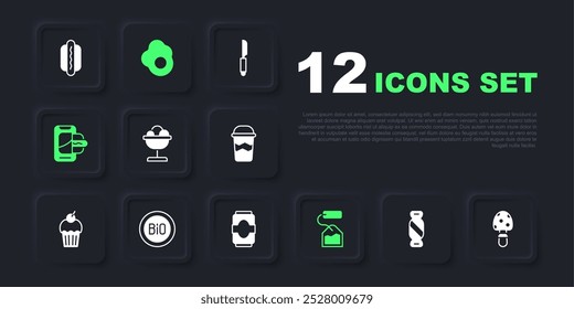 Set Candy, Fly agaric mushroom, Ice cream in the bowl, Tea bag, Food ordering on mobile, Banner for bio, Scrambled egg and Soda can icon. Vector