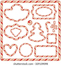 Set of Candy frames and borders, elements for winter holidays design, isolated on white background.  Merry Christmas and Happy New Year theme.