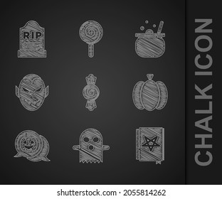 Set Candy, Ghost, Ancient magic book, Pumpkin, Vampire, Halloween witch cauldron and Tombstone with RIP written icon. Vector