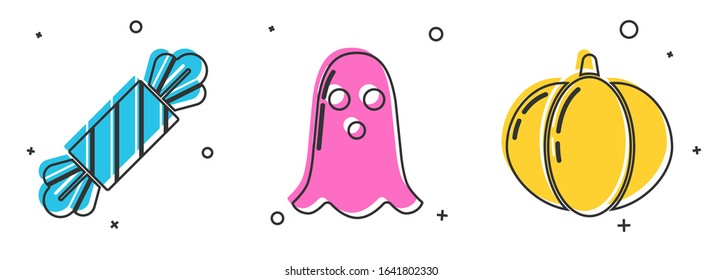 Set Candy , Ghost  and Pumpkin  icon. Vector