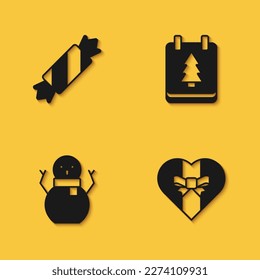 Set Candy, Gift box, Christmas snowman and day calendar icon with long shadow. Vector