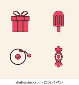 Set Candy, Gift box, Ice cream and Vinyl player with disk icon. Vector