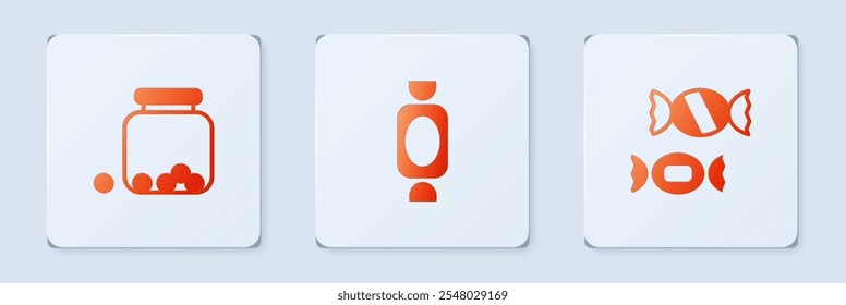 Set Candy, Glass jar with candies inside and . White square button. Vector