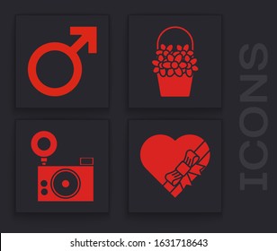 Set Candy in heart shaped box and bow, Male gender symbol, Flowers in a basket and Photo camera icon. Vector