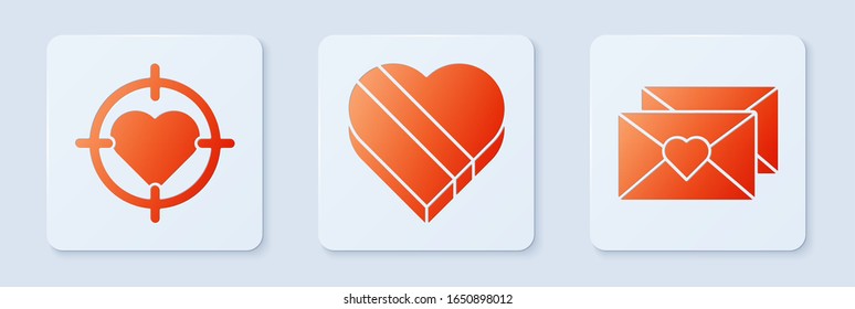Coloca Candy en una caja con forma de corazón, Corazón en el centro de los dardos objetivo y sobre con el corazón de San Valentín. Botón cuadrado blanco. Vector